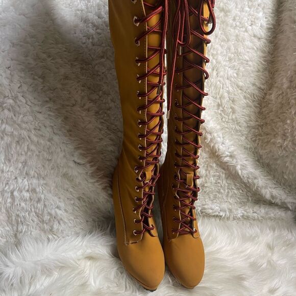 Bamboo Synthetic nubuck tan Combat knee high lace Up Stiletto Platform Boots SZ9 - Picture 2 of 12